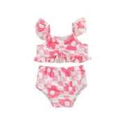 Genuiskids Infant Baby Girls Bikini Set Plaid Flower Print Fly Sleeve Camisole with Briefs Bathing Swimsuit for Summer Beach