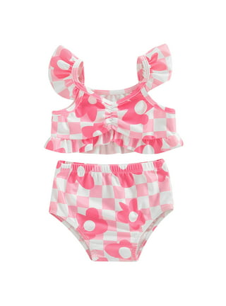 Genuiskids Toddler Infant Baby Girl Swimsuit Two Piece Set Kid Print Plaid  Pattern Bathing Suit Fly Sleeve Tops Matching Shorts Beachwear 