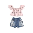 thumbnail image 1 of Genuiskids Kids Little Girls Easter Clothes Set Bunny Rabbit Print Off Shoulder Top Ripped Denim Shorts Set 2PCs Outfits, 1 of 9