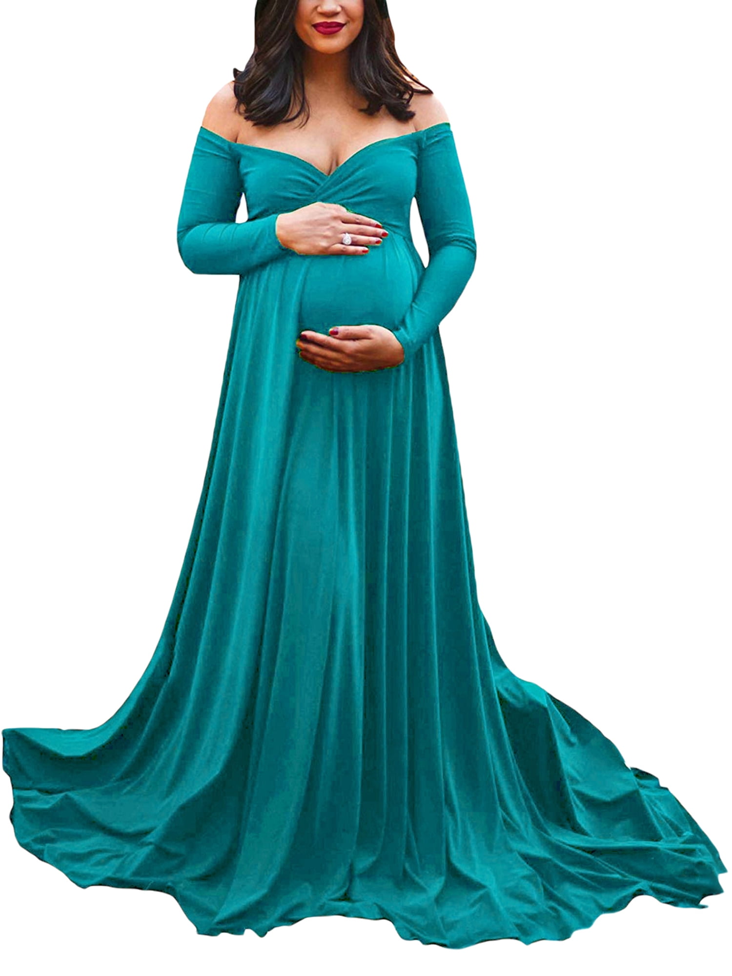 Genuiskids Maternity Off-Shoulder Long Dress Solid Color V-Neck Long ...