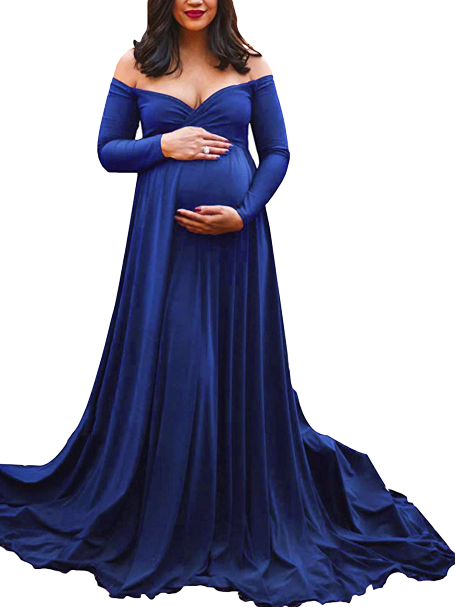 Genuiskids Maternity OffShoulder Long Dress Solid Color VNeck Long