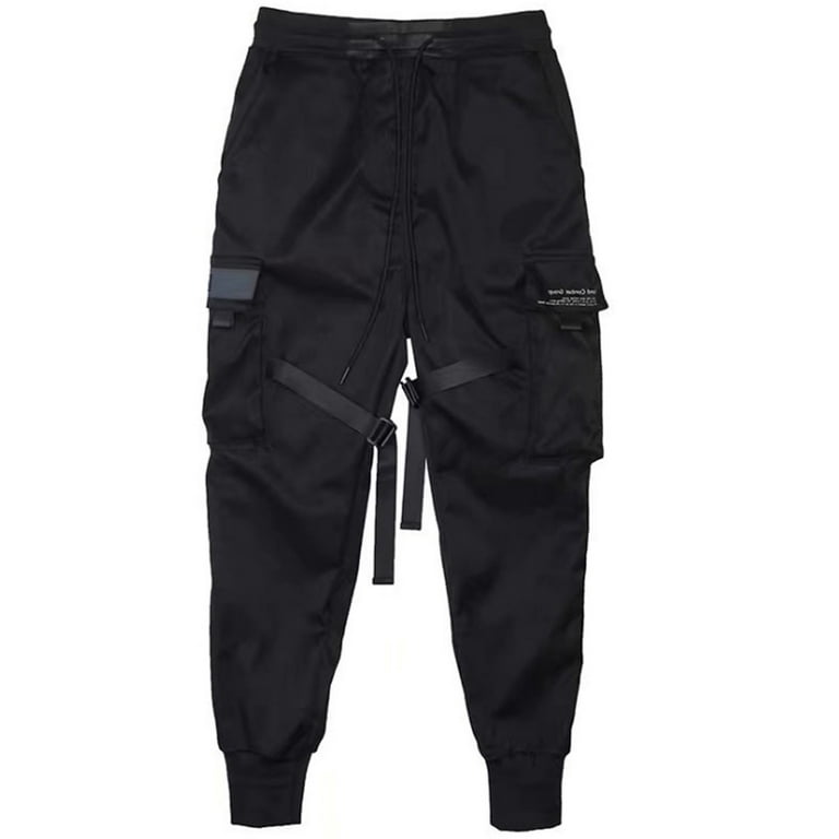 Genuiskids Men Baggy Cargo Pants Casual Black Multi Pockets Hip