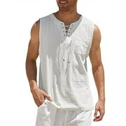 Genuiskids Men's Cotton Linen Tank Top Shirts Casual Sleeveless Lace Up Beach Hippie Vest Tops Bohemian Renaissance Pirate Tunic for Running Fitness