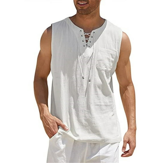 Genuiskids Men's Cotton Linen Tank Top Shirts Casual Sleeveless Lace Up Beach Hippie Vest Tops Bohemian Renaissance Pirate Tunic for Running Fitness