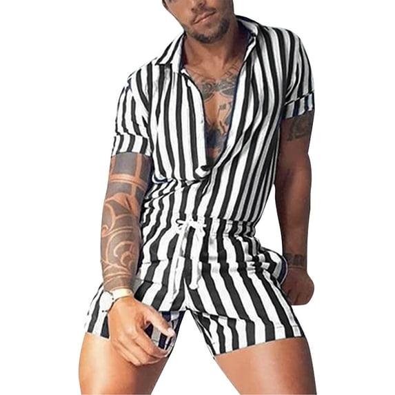 Genuiskids Men 's Fashion Stripe Overalls Shorts Jumpsuit Buttoned Lapel Shirt and Elastic Waist Shorts One-Piece Soft Homewear for Summer Streetwear