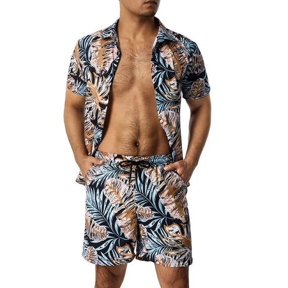 Genuiskids Men's Hawaii 2 Piece Shirt Outfits Fashion Printed Button Down Short Sleeve Shirt Summer Beach Vacation Shorts Set