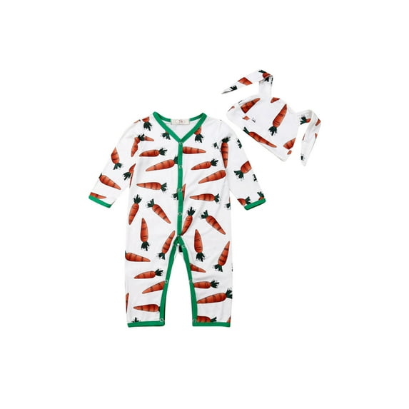 Genuiskids Newborn Baby Boy Girl Easter Bunny Outfits Cute Long Sleeve Carrot Print Button Romper Jumpsuit with Rabbit Ears Hat