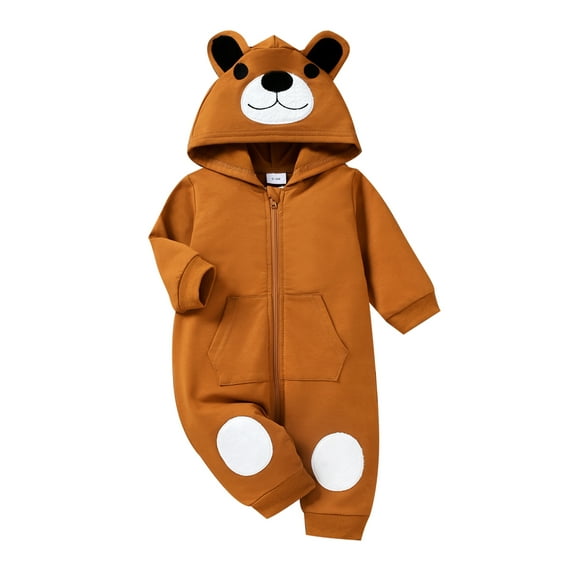 Genuiskids Newborn Baby Girl Boy Fall Jumpsuit Long Sleeve Cute Bear Ear Hooded Jumpsuit Fall Winter Zipper Romper Bodysuit