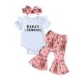 thumbnail image 1 of Genuiskids Newborn Baby Girl Clothes 3 6 12 18 Months Infant Short Sleeve Romper One Piece Cow Print Bell Bottoms Headband Western Baby Girl Clothes, 1 of 8