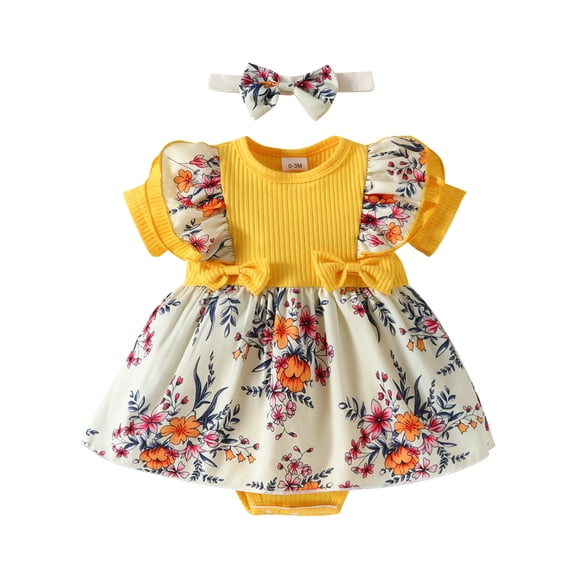 Genuiskids Newborn Baby Girl Floral Romper Dress 3 6 9 12 18 Months Infant Ruffle Short Sleeve Ribbed Romper Knitted Bodysuit One-Piece Jumpsuits with Headband Summer Clothes 0-18M
