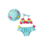 Genuiskids Newborn Baby Girls 3Pcs Bathing Suit Infant Flower Halter Neck Swimming Tops Bottoms and Sun Protection Cap Summer Beachwear Outfits