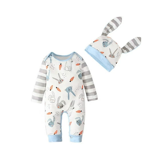 Genuiskids Newborn Baby Girls Boys Easter Outfit Rabbit Carrot Print Romper Bunny Striped Patchwork Long Sleeve Jumpsuit with Bunny Hat