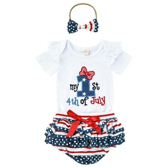 Genuiskids Newborn Baby Girls My 1st 4th of July Outfits Short Sleeve Embroidery Romper Ruffle Stripe Star Shorts Summer 2Pcs Independence Day Clothes Set