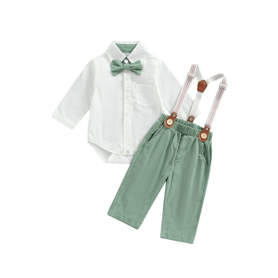 Genuiskids Newborn Infant Baby Boy Formal Outfits Suit Bow Tie Long Sleeve Shirt Romper Strap Pants Adjustable Straps Elastic Waist 2Pcs Gentleman Suit Spring Toddler Clothing