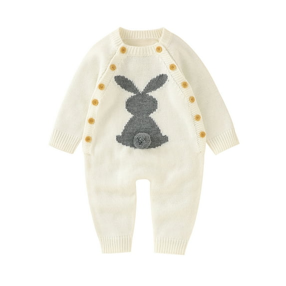 Genuiskids Newborn Infant Baby Boy Girl Easter Outfits Bunny Long Sleeve Knitted Romper Button Bodysuit Jumpsuit Double-breasted Overalls 0-24 Months