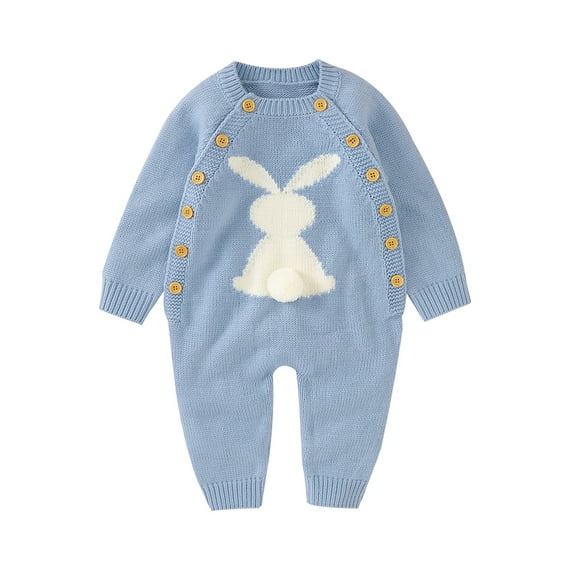 Genuiskids Newborn Infant Baby Boy Girl Easter Outfits Bunny Long Sleeve Knitted Romper Button Bodysuit Jumpsuit Double-breasted Overalls 0-24 Months