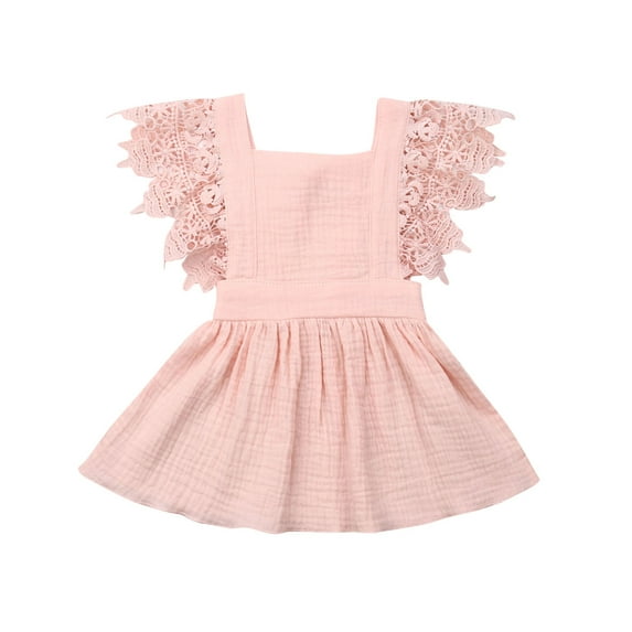 Genuiskids Newborn Infant Baby Girl Summer Sleeveless Dress Flare Sleeve Lace Patchwork V Back Tutu Sundress Solid Color Square Collar Princess Clothes
