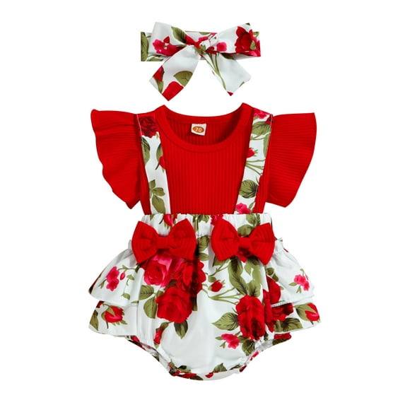 Genuiskids Newborn Infant Baby Girls Outfits Set Fake 2Pcs Suspender Bowknot Patchwork Donut/Flower Printed Ruffle Triangle Romper with Headband 0-24M