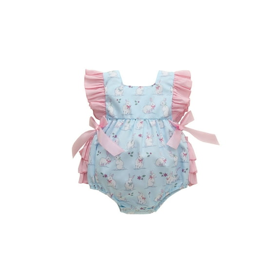 Genuiskids Newborns Baby Girls Easter Bunny Bodysuit Ruffled Fly Sleeve Romper with Bows Jumpsuit One-Piece Playsuits