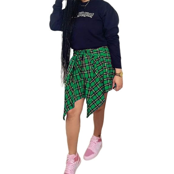 Genuiskids Plaid Skirt for Women Irregular Pleated Skirt High Waist Tie-Up Fake Shirt Skirt Summer Streetwear