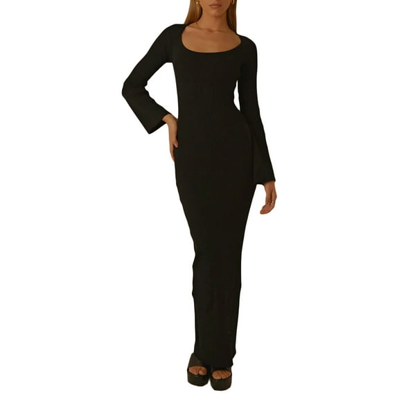 Genuiskids Slim Fit Knit Dresses for Women Elegant Long Sleeve Ribbed Bodycon Dress Fall Party Fall Spring Dress Long Club Party One-Piece