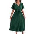thumbnail image 1 of Genuiskids Summer Dresses for Women 2022 V Neck Short Sleeve Pleated Big Hem Elegant Casual Flowy Midi Dress with Belt, 1 of 7