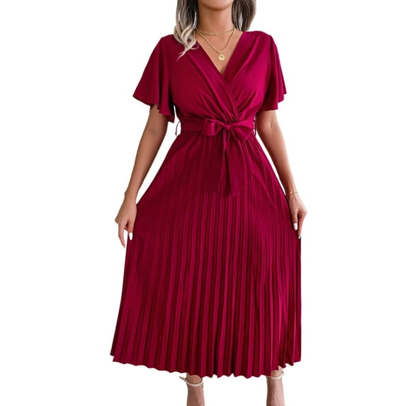 Genuiskids Summer Dresses for Women 2022 V Neck Short Sleeve Pleated Big Hem Elegant Casual Flowy Midi Dress with Belt