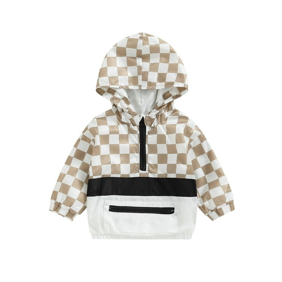 Genuiskids Toddler Baby Baby Spring Fall Hoodies Long Sleeve Half Zip Checkerboard Print Loose Windbreaker Jackets Kids Outerwear Tops Kids Clothes