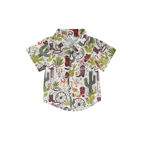 Genuiskids Toddler Baby Boy Summer Shirt Cartoon Pattern Printed Kid Lapel Neck Short Sleeve Tops Button Down Clothing for Children