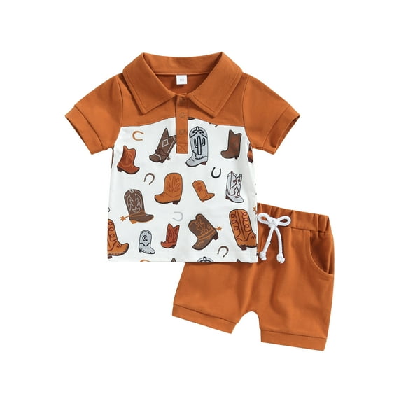 Genuiskids Toddler Baby Boys Gentlemen Clothes Set Western Boots Print Short Sleeve Turn-Down Collar Shirts Tops Solid Color Shorts 2Pcs Summer Clothes Set 6M-4T