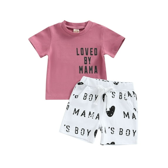 Genuiskids Toddler Baby Boys Summer Outfits Sets Short Sleeve Letters Print Shirt Tops + Drawstring Shorts Boys Daily Clothing Set