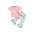 thumbnail image 1 of Genuiskids Toddler Baby Girl Easter Outfits 1 2 3 4 5 Years Kids Girl Summer Outfits Short Sleeve Bunny Ears Print T-shirt Tops Flare Pants Little Girl Bell Bottoms Clothes Set, 1 of 9