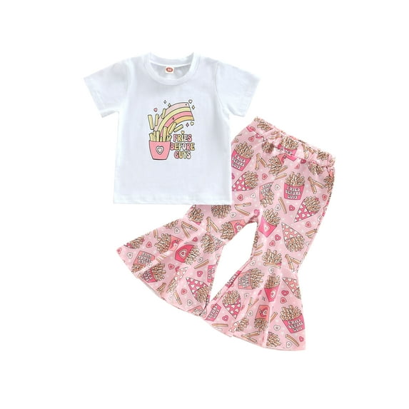 Genuiskids Toddler Baby Girl Valentine's Day Clothes Set Letter Print Short Sleeve T-Shirt Heart Flared Bell Bottom Pants Spring Summer Outfit