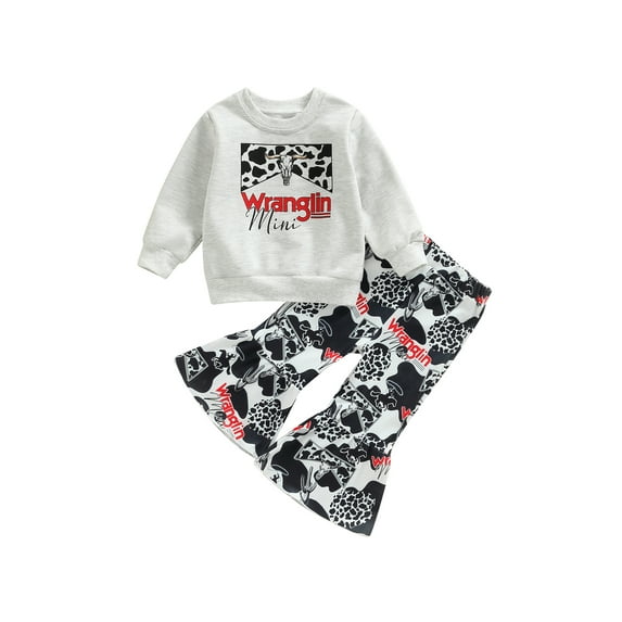 Genuiskids Toddler Baby Girl Western Outfit Letter Print Sweatshirt Top Cow Printed Flare Pants Set 2PCS Fall Winter Outfit 1-5T
