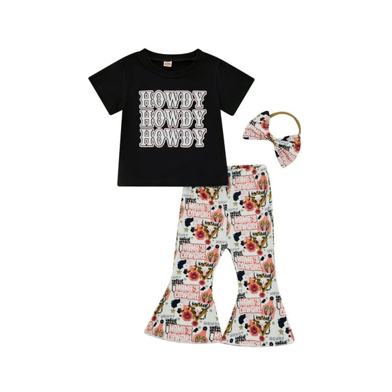 Genuiskids Toddler Baby Girls 3Pcs Bell Bottom Pants Suit Letter O-Neck T-Shirt Letter Flower Long Flared Pants Bow Headband Summer Cozy Sweet Outfits