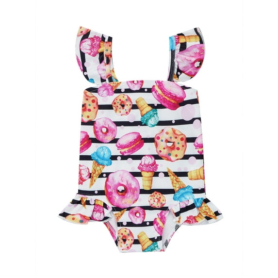 Genuiskids Toddler Baby Girls One-Piece Swimsuit Stripe Donut Ice Cream Print Ruffle Trim Romper Bodysuit Swimwear Kids Summer Beach Clothes