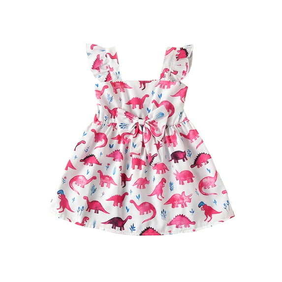 Genuiskids Toddler Baby Kids Girls Summer Casual Dress Dinosaur Ruffle Sleeveless Princess Bow Dress Party Wear