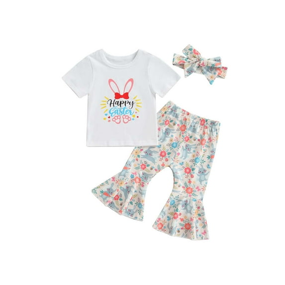 Genuiskids Toddler Girls Summer Easter Three Pieces Clothes Outfit Shorts Sleeve Printed Tops Floral Print Flare Pants Headband