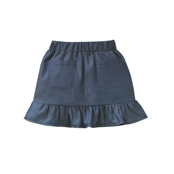 Genuiskids Toddler Infant Baby Girl Denim Skirt with Elastic Waist, Ruffle Hem Pocket Decoration Summer Clothing 6M-5T