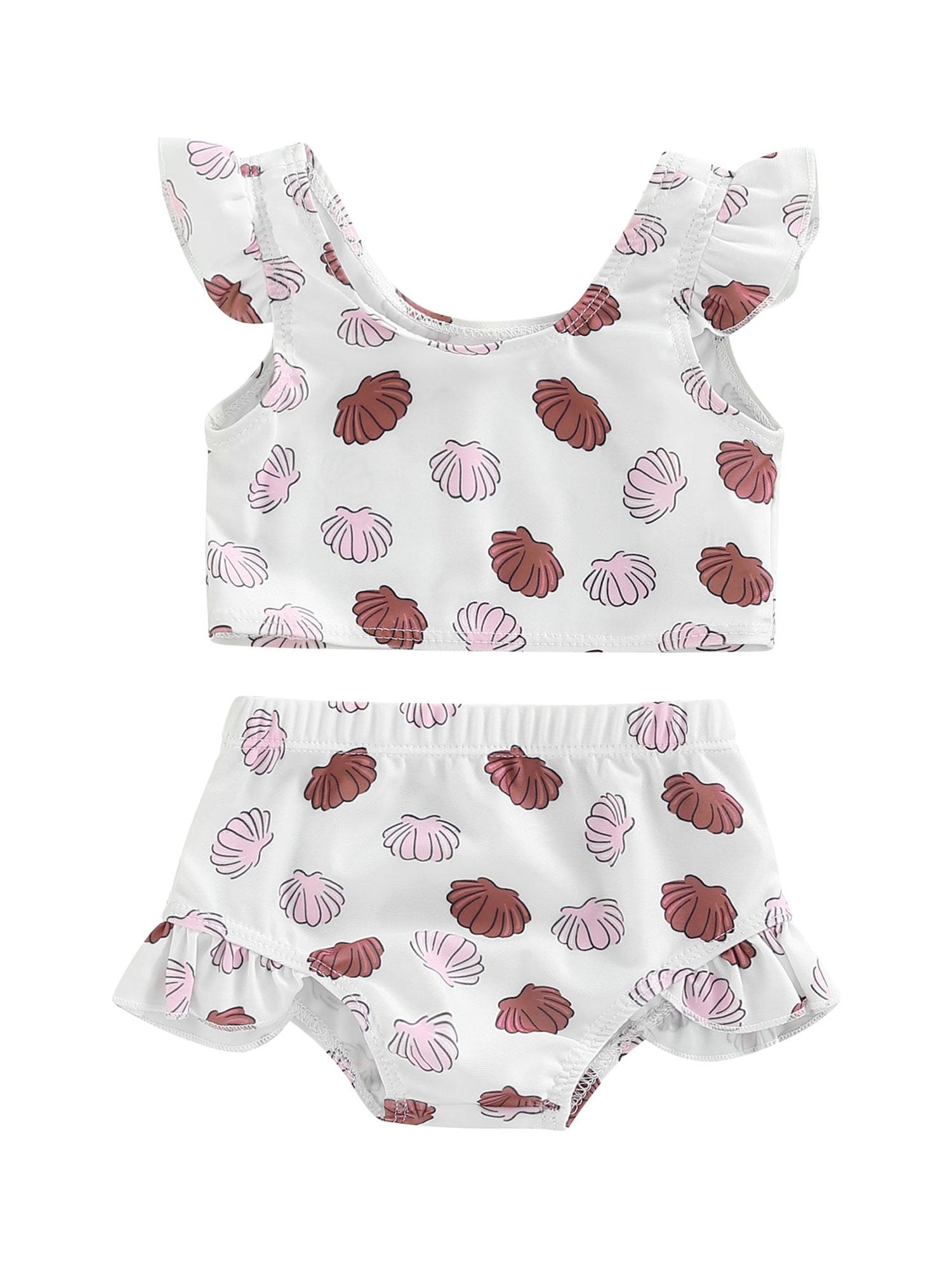 Genuiskids Toddler Infant Baby Girl Swimsuit Two Piece Set Kid Print Plaid Pattern Bathing Suit Fly Sleeve Tops Matching Shorts Beachwear