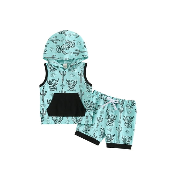 Genuiskids Western Baby Boy Clothes 6M 12M 2T 3T Toddler Cow Print Sleeveless Hoodie Tank Top T-shirt Cactus Shorts Set Cute 2Pcs Summer Outfits 0-3T