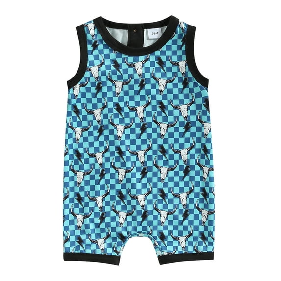 Genuiskids Western Baby Boy Girl Clothes Cow Print Jumpsuit Sleeveless Cow Head/Cowboy Hat Pattern Button Romper Infant Summer Clothes 0-18M