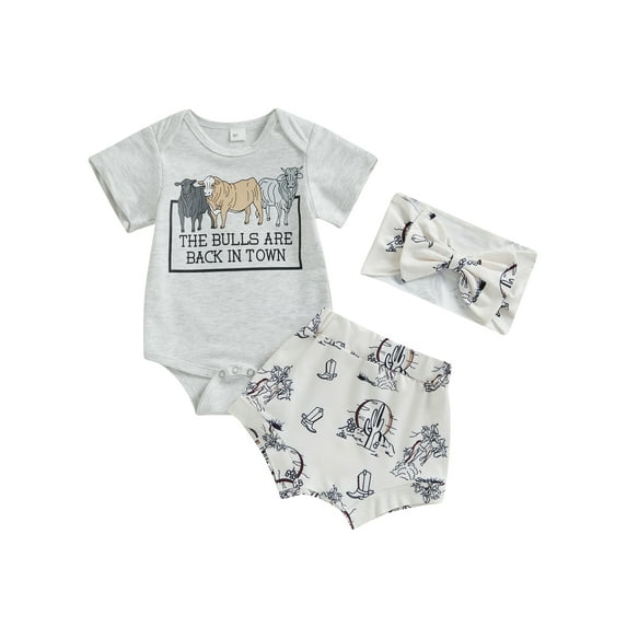 Genuiskids Western Baby Girl Clothes Summer Outfits Cow Print Romper Short Sleeve Letter Bodysuit Shorts Newborn Headbands 0-18M