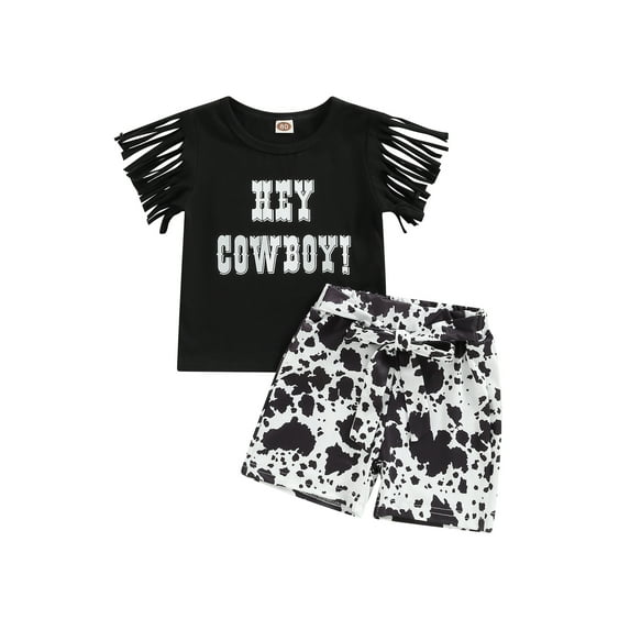 Genuiskids Western Baby Summer Clothes Girl Boy Tassels Sleeve Letters T-Shirt Tops High Waist Cow Bottoms Shorts Toddler Summer Outfit Set