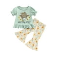 thumbnail image 1 of Genuiskids Western Toddler Baby Girl Clothes Bell Bottom Outfit Cow Print Short Sleeve T Shirt Top Flared Pants Cowgirl 2PCS Clothes Set, 1 of 9