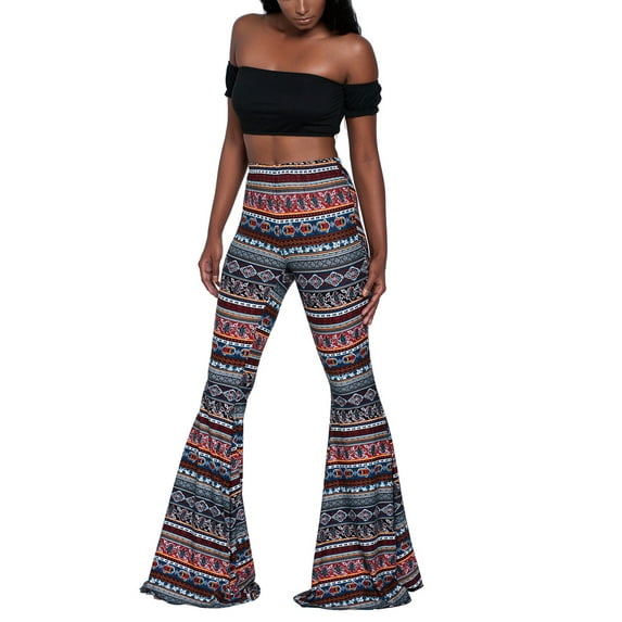 Genuiskids Women Boho Casual Flared Trousers Ethnic Printing Middle Waist Floor Length Bell Bottomed Pants Vintage 90s Pants
