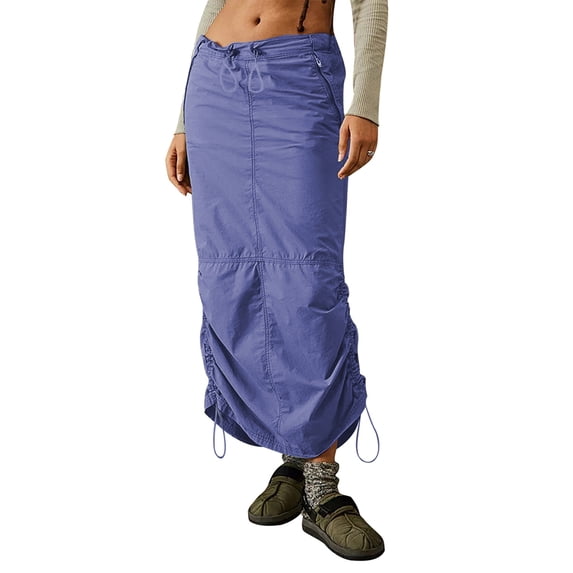 Genuiskids Women Cargo Skirt Summer Casual Elastic Drawstring Ruched Long Skirt with Pockets for Beaches Club Streetwear