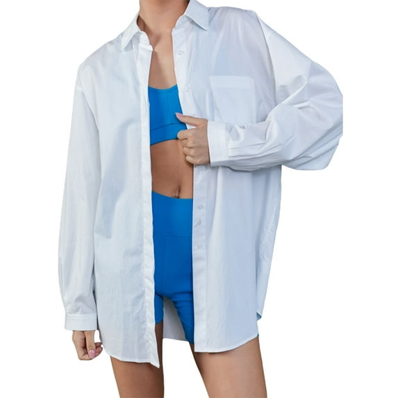 Genuiskids Women Casual Oversized Shirt Plain Boyfriend Blouses Long Sleeve Lapel Button Down Blouses Tops Streetwear Dressy Office Business Shirts