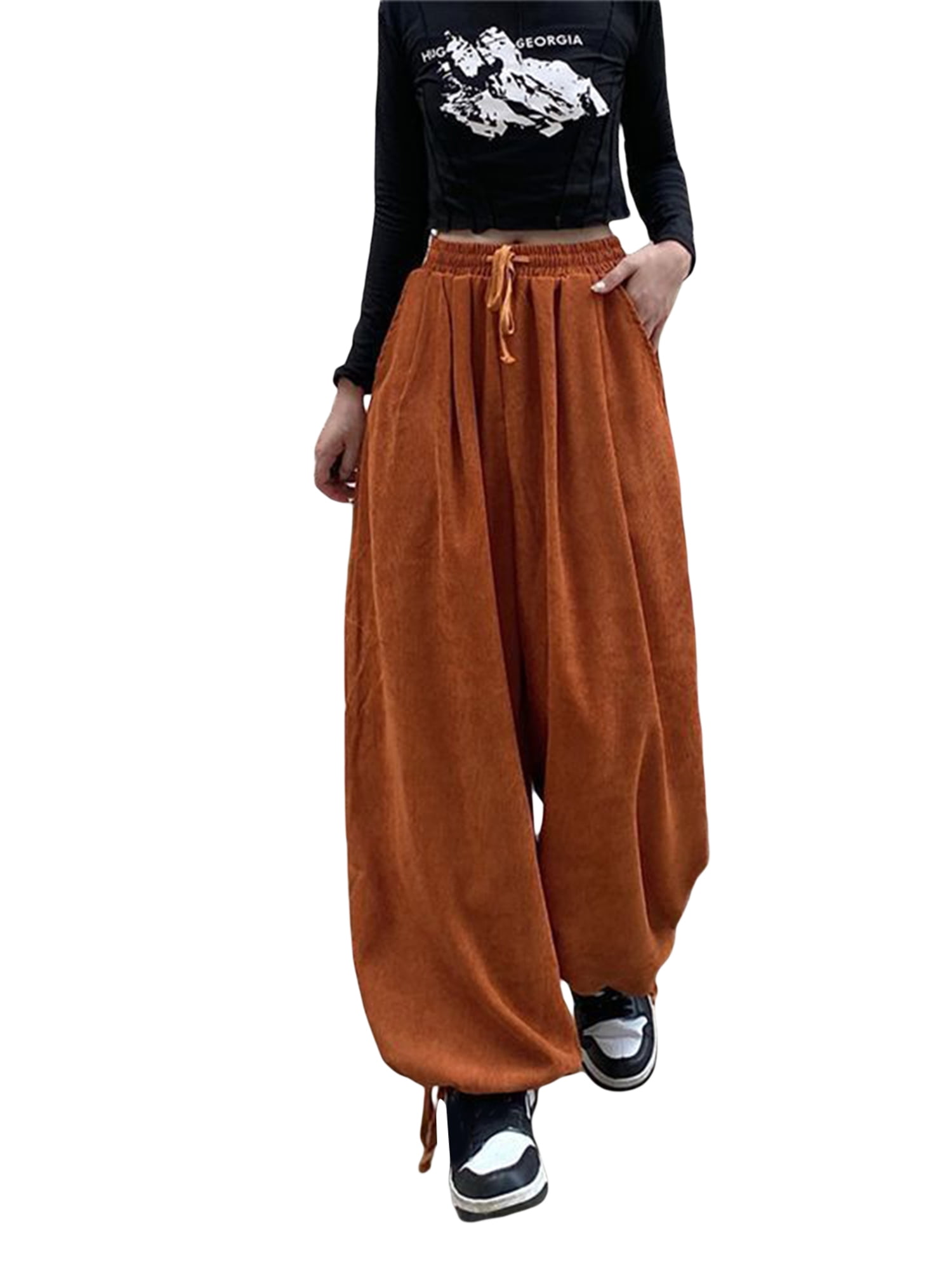 Genuiskids Women Corduroy Parachute Pants Baggy Low Rise Cargo Pants