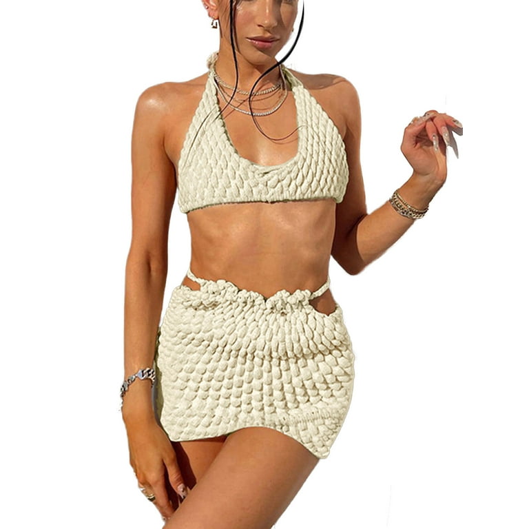 Genuiskids Women Crochet Knit Mini Skirt Sets Patchwork Ribbed Tops and Short Skirts Suits Solid Color Casual Summer Beach Wear Walmart